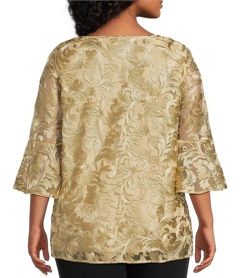 Caroline Rose Plus Size Bella Soiree Embroidered Mesh Lace Scoop Neck 3/4 Bell Sleeve Tunic