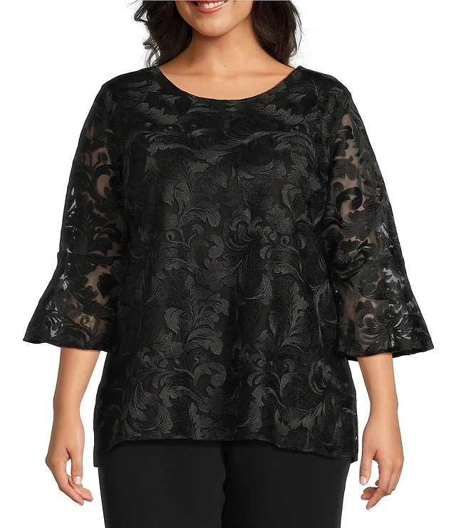 Caroline Rose Plus Size Bella Soiree Embroidered Mesh Lace Scoop