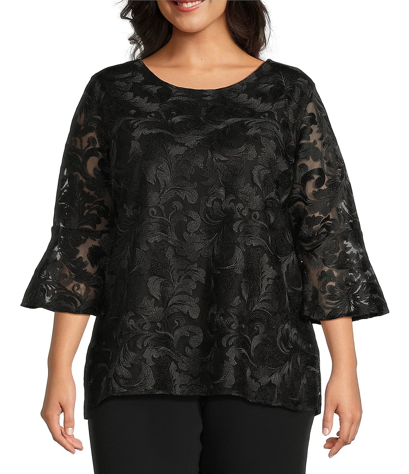 Caroline Rose Plus Size Bella Soiree Embroidered Mesh Lace Scoop Neck 3/4 Bell Sleeve Tunic