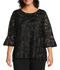Caroline Rose Plus Size Bella Soiree Embroidered Mesh Lace Scoop Neck 3/4 Bell Sleeve Tunic