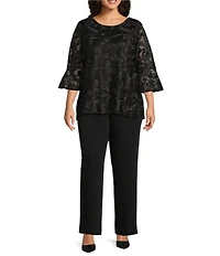 Caroline Rose Plus Size Bella Soiree Embroidered Mesh Lace Scoop Neck 3/4 Bell Sleeve Tunic