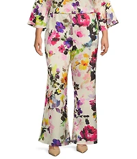 Caroline Rose Plus Size Brilliant Floral Bouquet Print Satin Coordinating Wide Leg Pull-On Pants