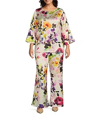 Caroline Rose Plus Size Brilliant Floral Bouquet Print Satin Coordinating Wide Leg Pull-On Pants