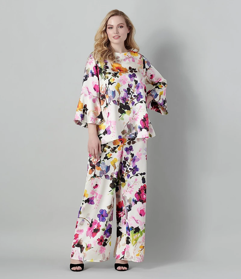 Caroline Rose Plus Size Brilliant Floral Bouquet Print Satin Coordinating Wide Leg Pull-On Pants
