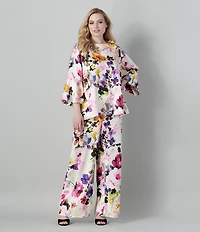 Caroline Rose Plus Size Brilliant Floral Bouquet Print Satin Coordinating Wide Leg Pull-On Pants