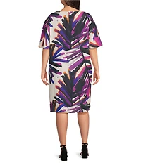 Caroline Rose Plus Size Brushstroke Graphic Print Matte Crepe Scoop Neck Elbow Flutter Sleeve Dress