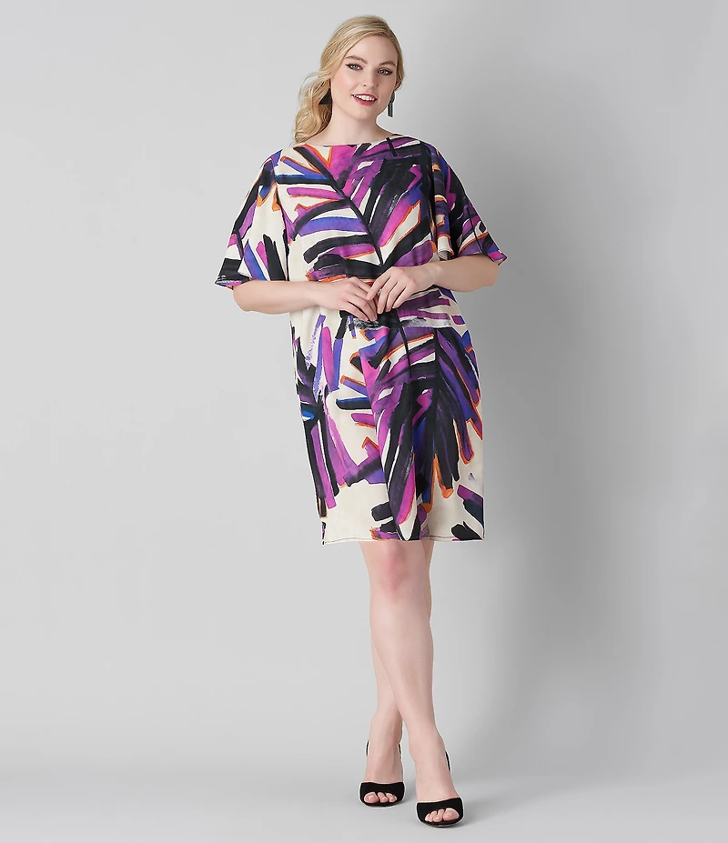 Caroline Rose Plus Size Brushstroke Graphic Print Matte Crepe Scoop Neck Elbow Flutter Sleeve Dress