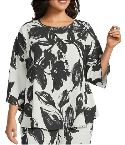 Caroline Rose Plus Size Coordinating Brushstroke Floral Print Boat Neck 3/4 Sleeve Crescent Top