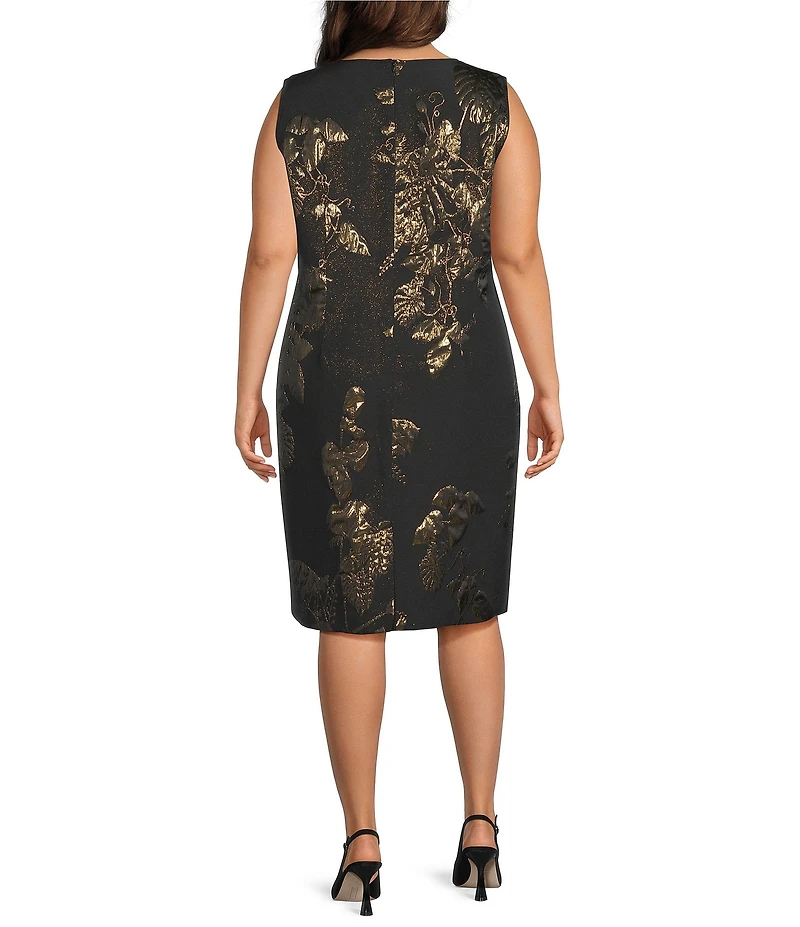 Caroline Rose Plus Size Coordinating Gold Leaf Jacquard Scoop Neck Sleeveless Sheath Dress