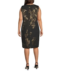 Caroline Rose Plus Size Coordinating Gold Leaf Jacquard Scoop Neck Sleeveless Sheath Dress
