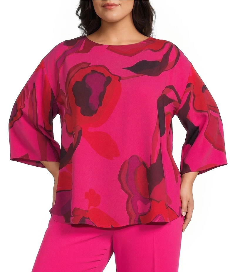 Caroline Rose Plus Size Copa Abstract Floral Print Matte Crepe Scoop Neck 3/4 Dolman Sleeve Crescent Caftan Top