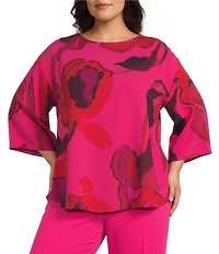 Caroline Rose Plus Size Copa Abstract Floral Print Matte Crepe Scoop Neck 3/4 Dolman Sleeve Crescent Caftan Top