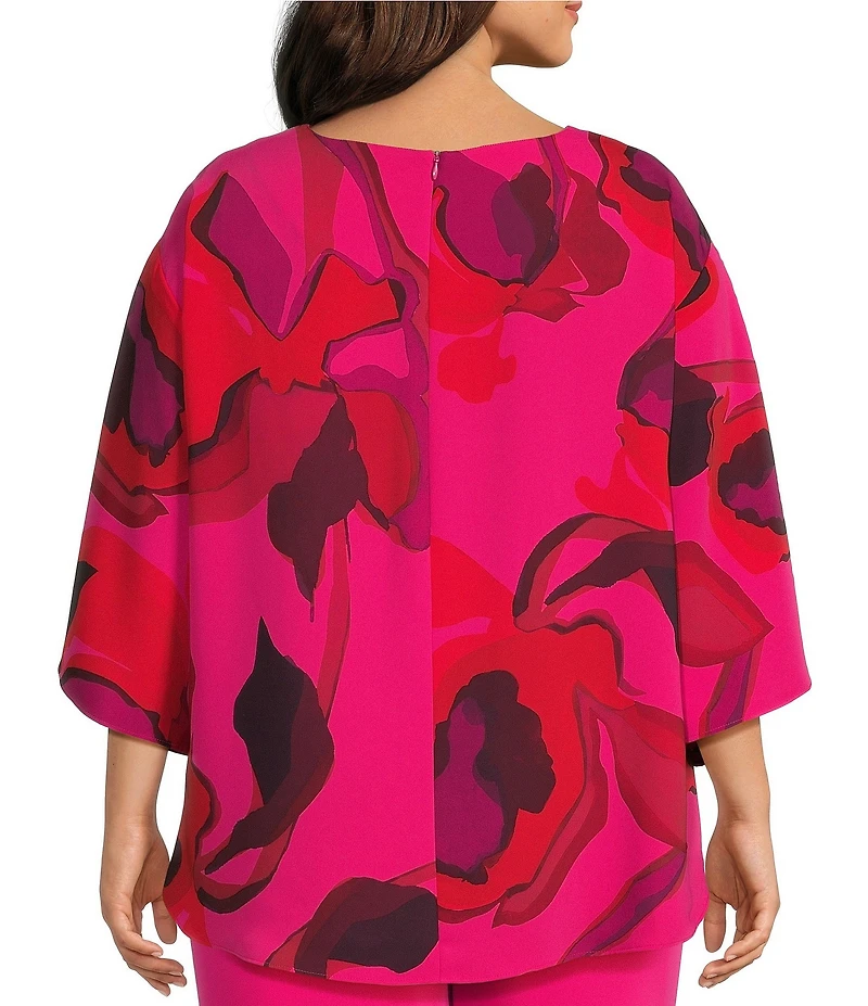 Caroline Rose Plus Size Copa Abstract Floral Print Matte Crepe Scoop Neck 3/4 Dolman Sleeve Crescent Caftan Top