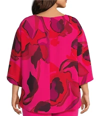 Caroline Rose Plus Size Copa Abstract Floral Print Matte Crepe Scoop Neck 3/4 Dolman Sleeve Crescent Caftan Top