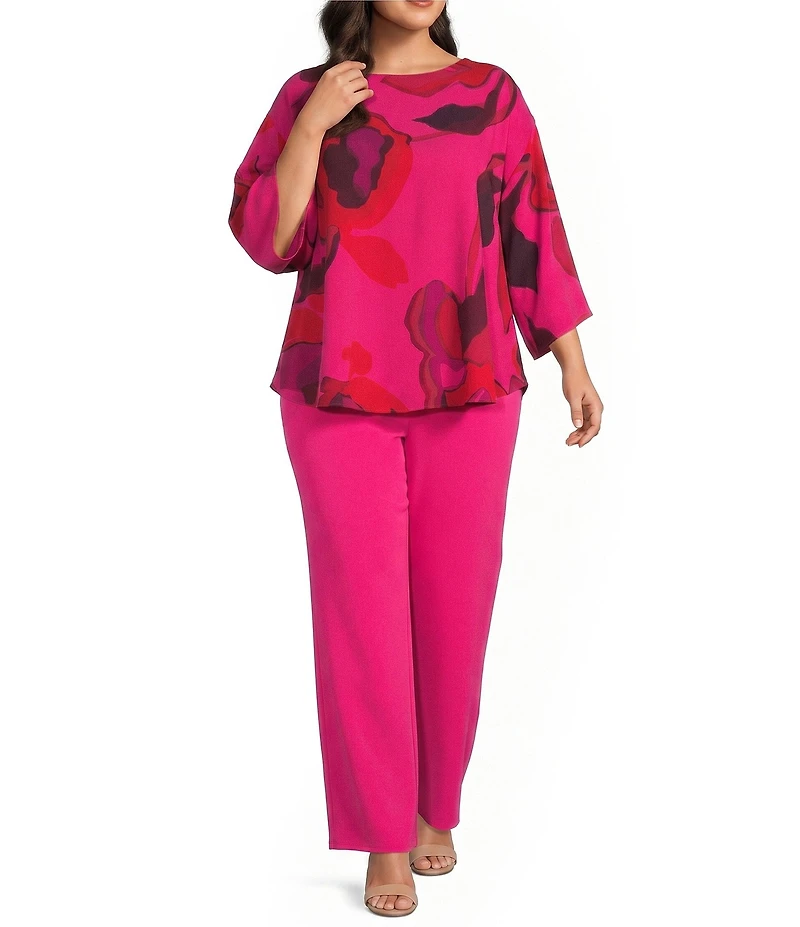 Caroline Rose Plus Size Copa Abstract Floral Print Matte Crepe Scoop Neck 3/4 Dolman Sleeve Crescent Caftan Top