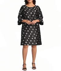 Caroline Rose Plus Size Embroidered Dot Pattern Scoop Neck 3/4 Ruffle Cuff Sleeve Shift Dress