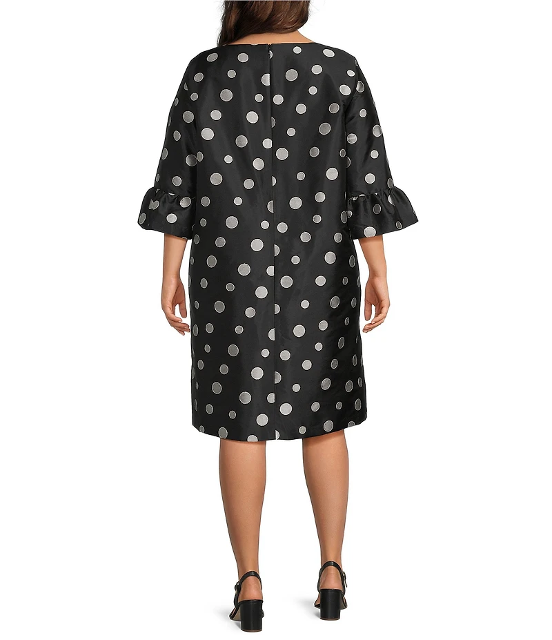 Caroline Rose Plus Size Embroidered Dot Pattern Scoop Neck 3/4 Ruffle Cuff Sleeve Shift Dress