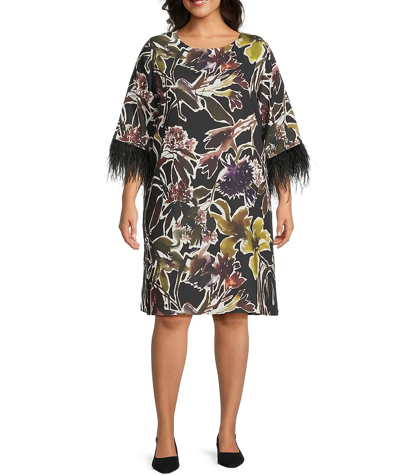 Caroline Rose Plus Size Floral Print Crepe Scoop Neck 3/4 Sleeve Feather Trim Dress
