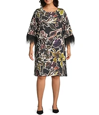 Caroline Rose Plus Size Floral Print Crepe Scoop Neck 3/4 Sleeve Feather Trim Dress