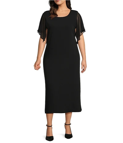 Caroline Rose Plus Size Georgette Short Flutter Sleeve Matte Crepe Scoop Neck Midi Shift Dress