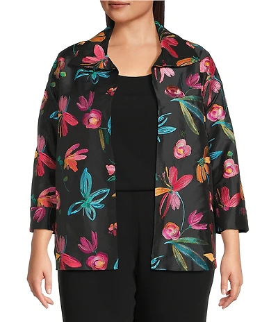 Caroline Rose Plus Size Glorious Garden Floral Embroidered Jacquard Spread Collar Bracelet Sleeve Open-Front Statement Jacket