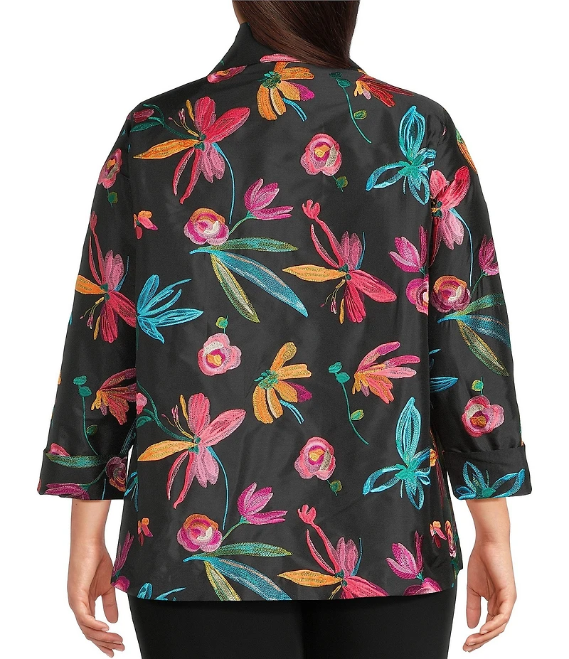 Caroline Rose Plus Size Glorious Garden Floral Embroidered Jacquard Spread Collar Bracelet Sleeve Open-Front Statement Jacket