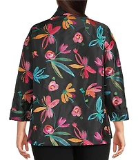 Caroline Rose Plus Size Glorious Garden Floral Embroidered Jacquard Spread Collar Bracelet Sleeve Open-Front Statement Jacket