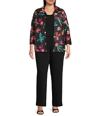 Caroline Rose Plus Size Glorious Garden Floral Embroidered Jacquard Spread Collar Bracelet Sleeve Open-Front Statement Jacket