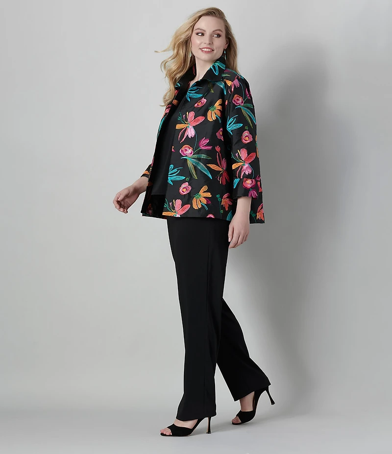 Caroline Rose Plus Size Glorious Garden Floral Embroidered Jacquard Spread Collar Bracelet Sleeve Open-Front Statement Jacket