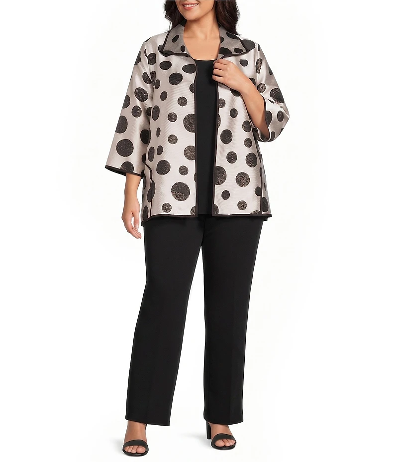 Caroline Rose Plus Size Graphic Dot Jacquard Spread Collar 3/4 Sleeve Open-Front Statement Jacket