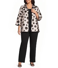 Caroline Rose Plus Size Graphic Dot Jacquard Spread Collar 3/4 Sleeve Open-Front Statement Jacket