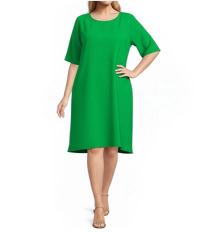 Caroline Rose Plus Size Harper Stretch Crepe Scoop Neck Elbow Sleeve High-Low Hem A-Line Dress