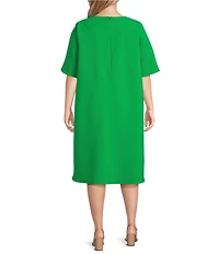 Caroline Rose Plus Size Harper Stretch Crepe Scoop Neck Elbow Sleeve High-Low Hem A-Line Dress