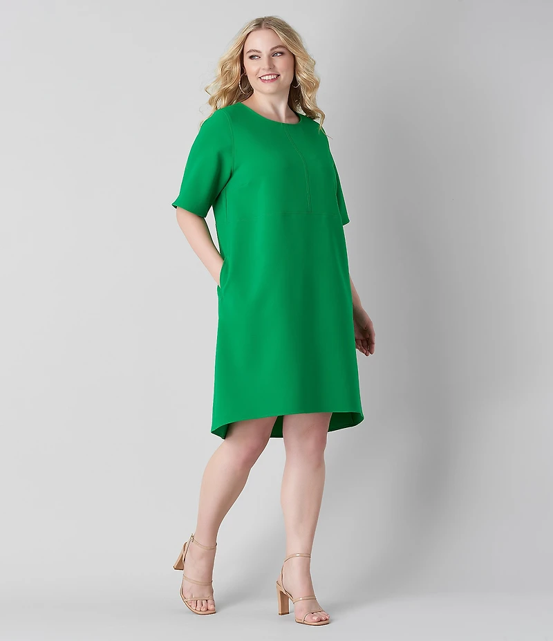 Caroline Rose Plus Size Harper Stretch Crepe Scoop Neck Elbow Sleeve High-Low Hem A-Line Dress