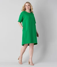 Caroline Rose Plus Size Harper Stretch Crepe Scoop Neck Elbow Sleeve High-Low Hem A-Line Dress