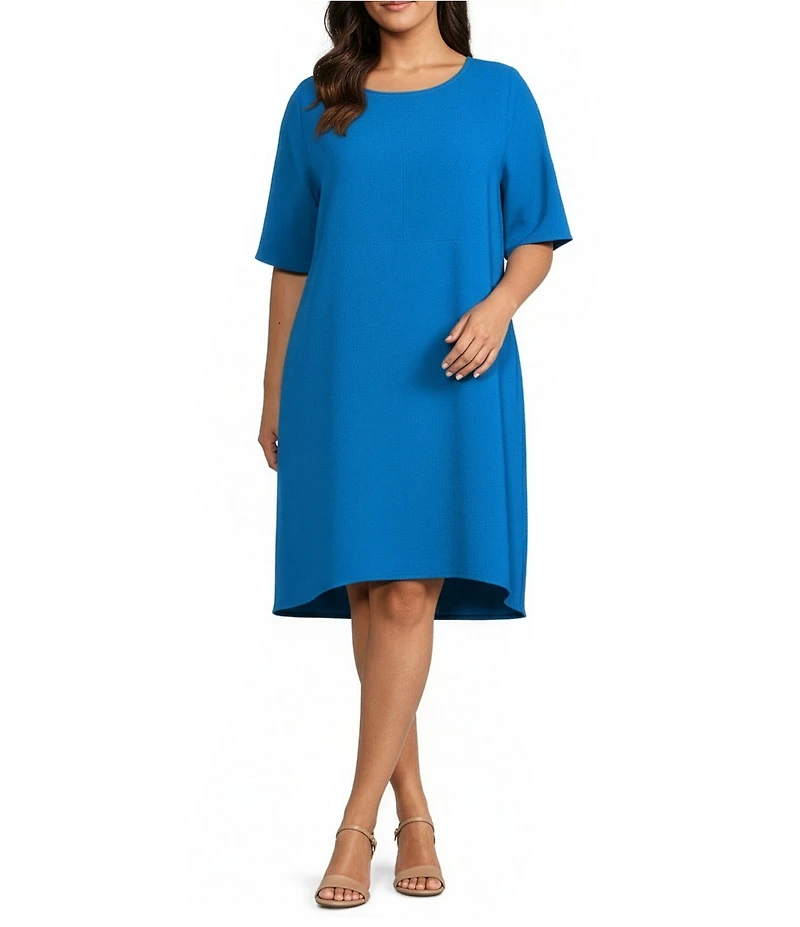 Caroline Rose Plus Size Harper Stretch Crepe Scoop Neck Elbow Sleeve High-Low Hem A-Line Dress