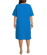 Caroline Rose Plus Size Harper Stretch Crepe Scoop Neck Elbow Sleeve High-Low Hem A-Line Dress