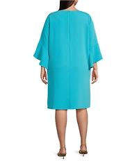 Caroline Rose Plus Size Julia Matte Crepe Round Neck 3/4 Ruffle Sleeve Shift Dress