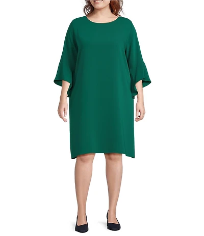 Caroline Rose Plus Size Julia Matte Crepe Round Neck 3/4 Ruffle Sleeve Shift Dress