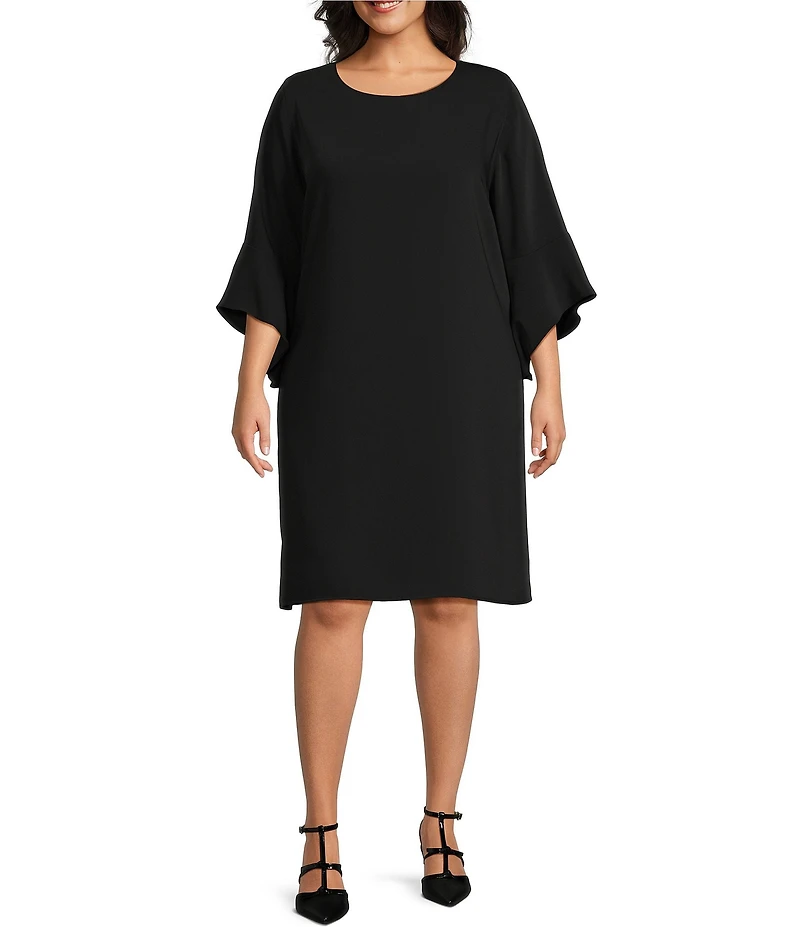 Caroline Rose Plus Size Julia Matte Crepe Round Neck 3/4 Ruffle Sleeve Shift Dress
