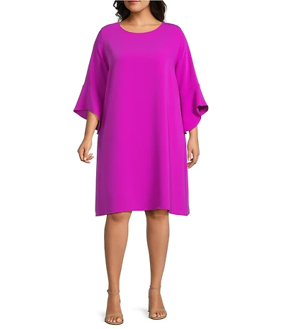 Caroline Rose Plus Size Julia Matte Crepe Round Neck 3/4 Ruffle Sleeve Shift Dress