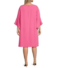 Caroline Rose Plus Size Julia Matte Crepe Round Neck 3/4 Ruffle Sleeve Shift Dress