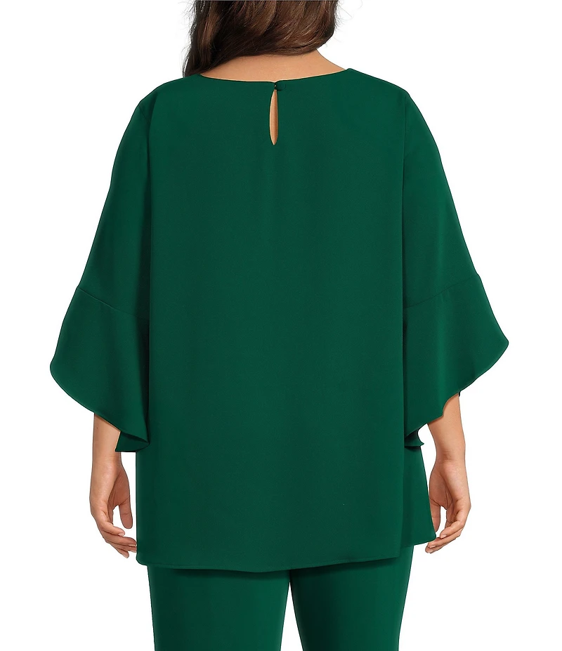 Caroline Rose Plus Size Julia Matte Crepe Round Neck 3/4 Ruffled Sleeve High-Low Hem Top