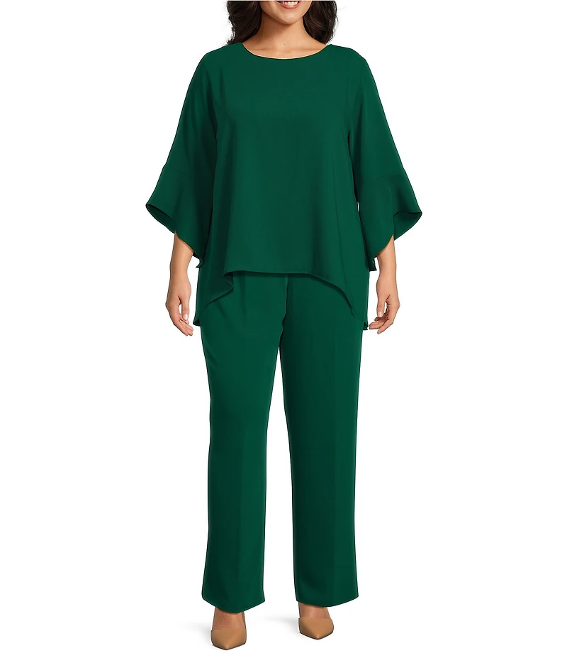 Caroline Rose Plus Size Julia Matte Crepe Round Neck 3/4 Ruffled Sleeve High-Low Hem Top