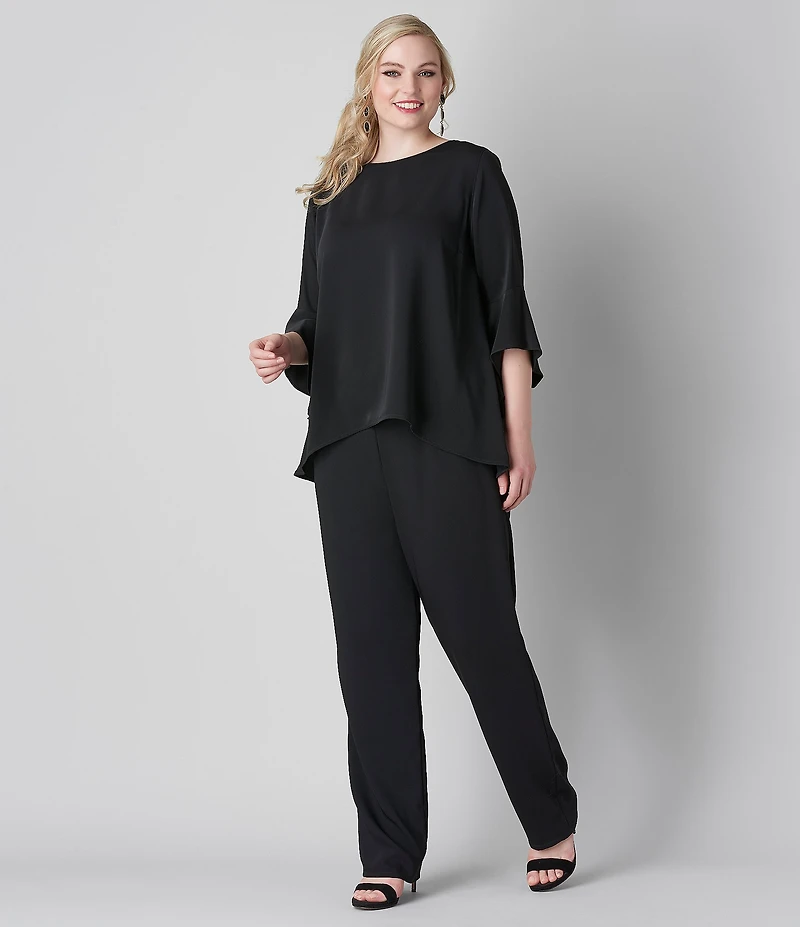 Caroline Rose Plus Size Julia Matte Crepe Round Neck 3/4 Ruffled Sleeve High-Low Hem Top