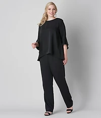 Caroline Rose Plus Size Julia Matte Crepe Round Neck 3/4 Ruffled Sleeve High-Low Hem Top