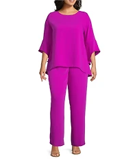 Caroline Rose Plus Size Julia Matte Crepe Round Neck 3/4 Ruffled Sleeve High-Low Hem Top