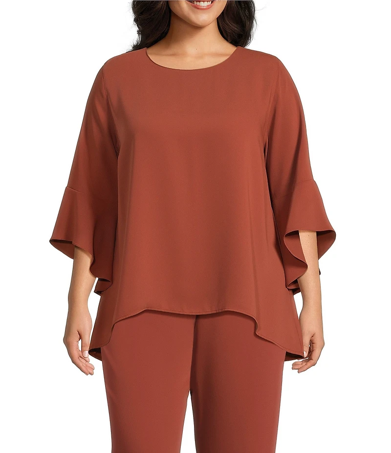 Caroline Rose Plus Size Julia Matte Crepe Round Neck 3/4 Ruffled Sleeve High-Low Hem Top
