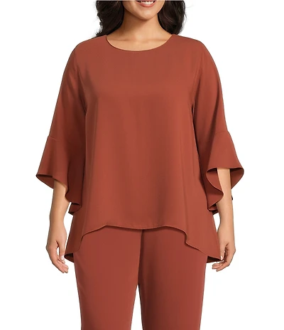 Caroline Rose Plus Size Julia Matte Crepe Round Neck 3/4 Ruffled Sleeve High-Low Hem Top