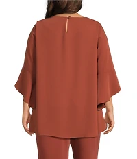 Caroline Rose Plus Size Julia Matte Crepe Round Neck 3/4 Ruffled Sleeve High-Low Hem Top